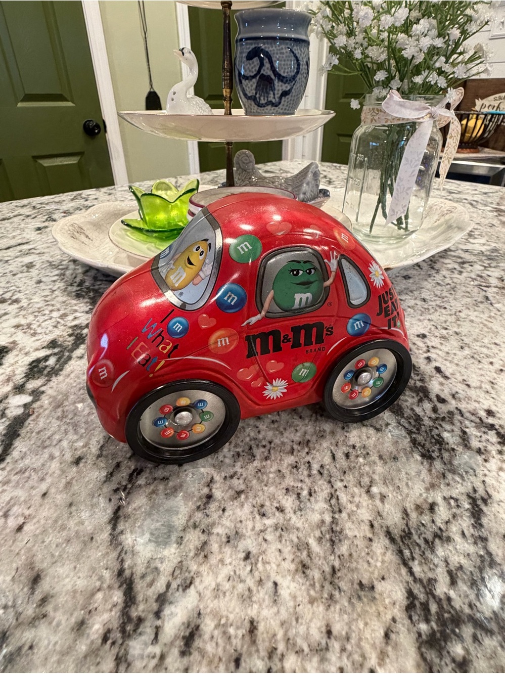 M&M'S Red Cartoon Car Bank with Colorful Candy Wheels